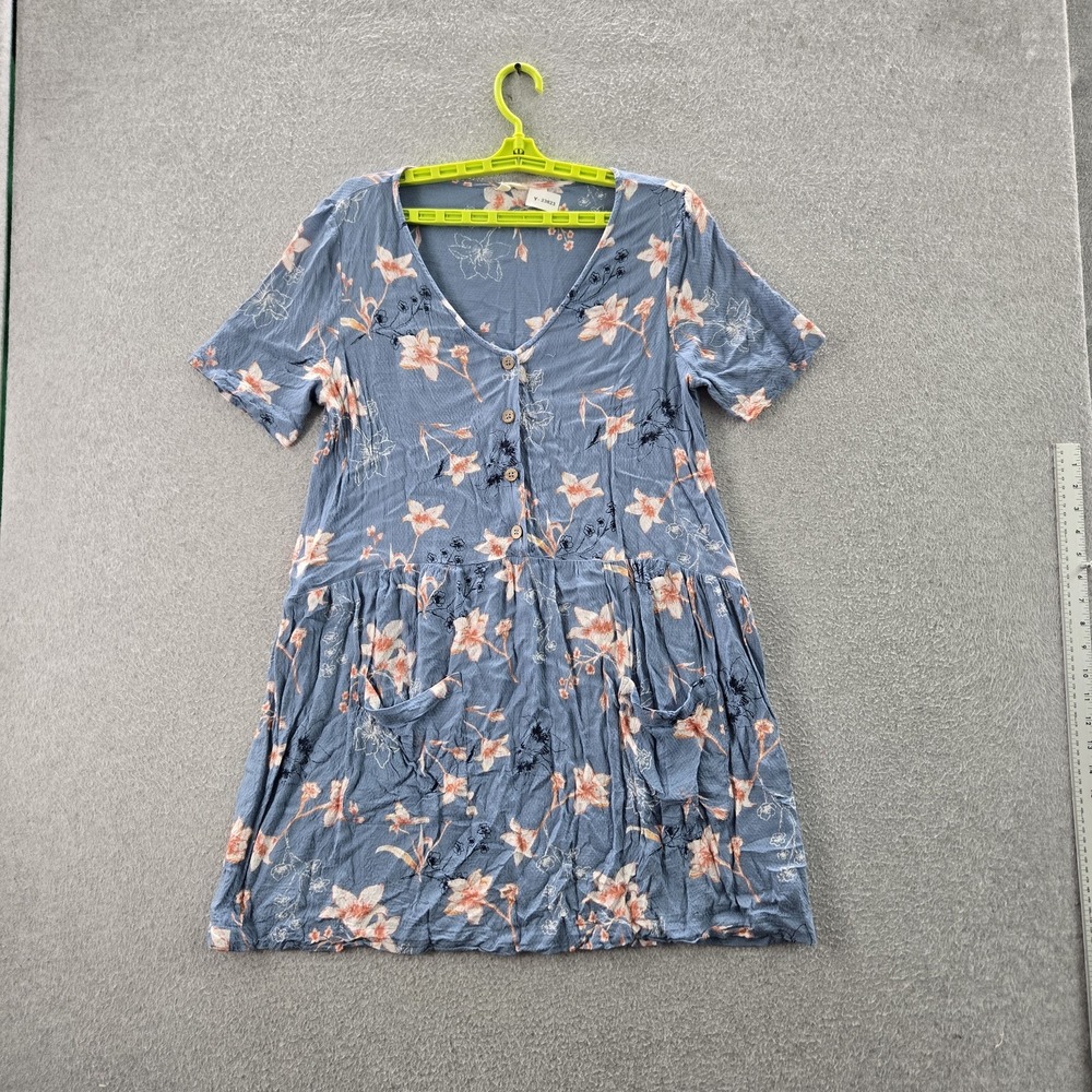 Roxy Women Dress L Blue Floral Fit & Flare Short Sleeve V-Neck Front Mini